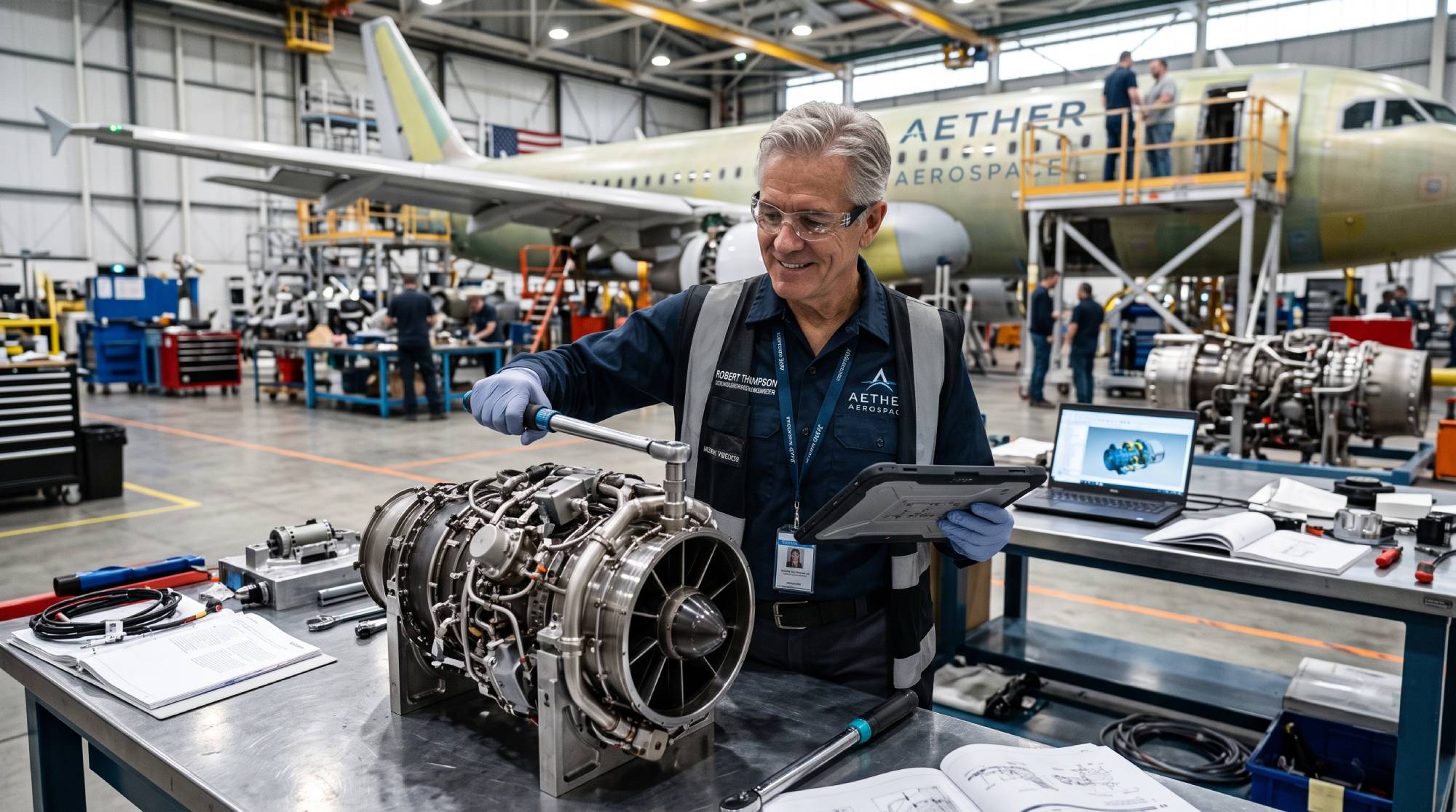 Aerospace engineer inspecting a jet engine on the floor of an aircraft manufacturing facility