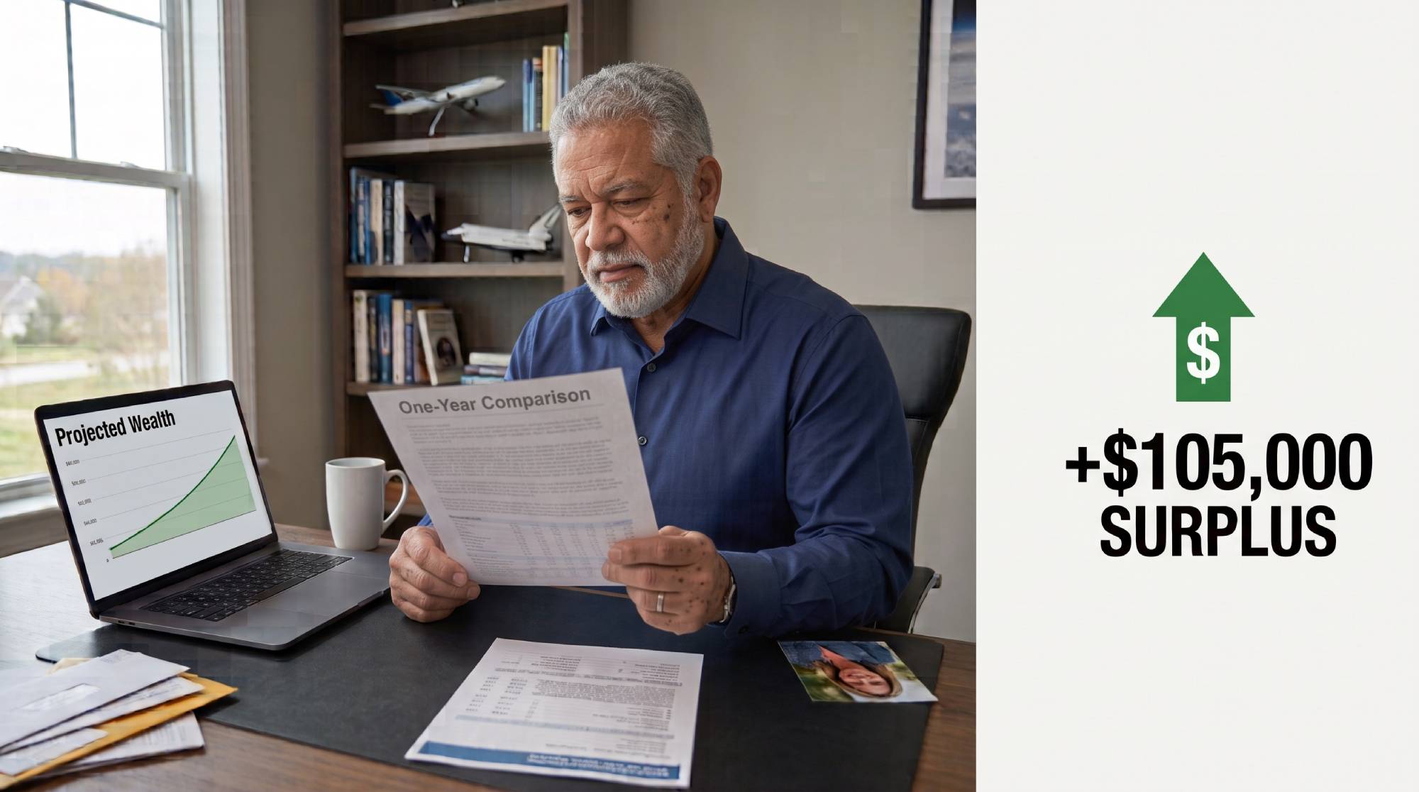 Retired aerospace professional at a home desk reviewing a one-year comparison of projected wealth