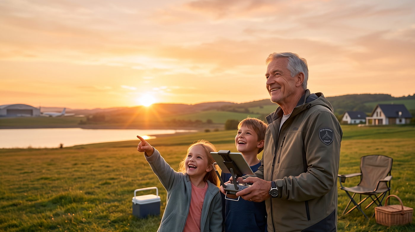 Retired aerospace engineer flying a drone with his grandchildren in a field at sunset