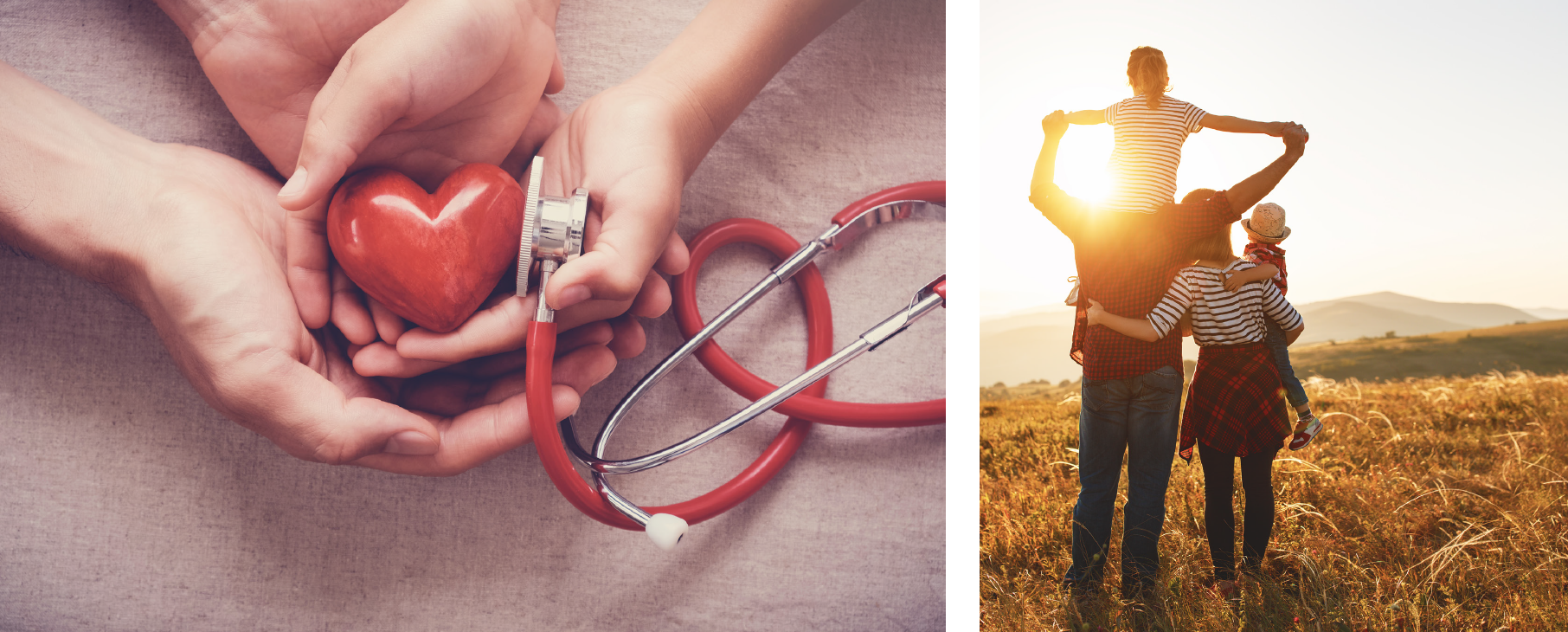 Hands holding a red heart beside a stethoscope, and a family of three watching a sunset